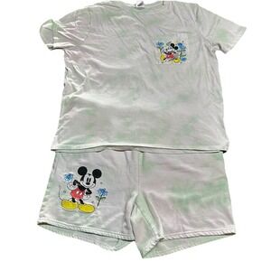 2000s Mickey Mouse Woman's XL Disney Tshirt And Short Set Green Tie Dye